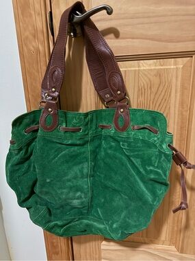 Lucky Brand Emerald Green Suede Shoulder Bag with Brown Leather Trim